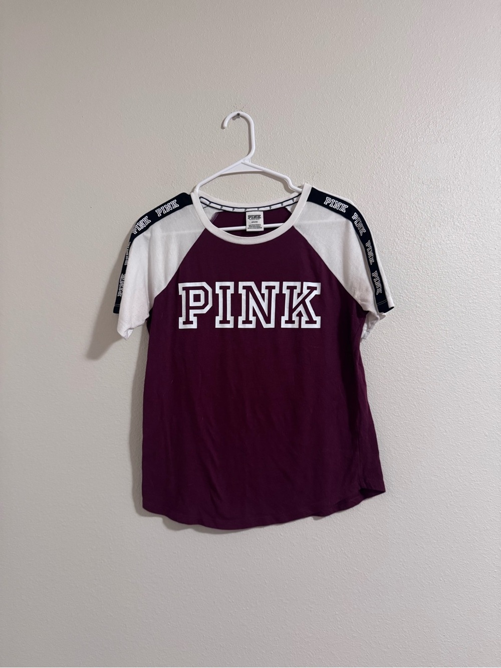 PINK Victoria's Secret Burgundy Raglan Tee with White Trim